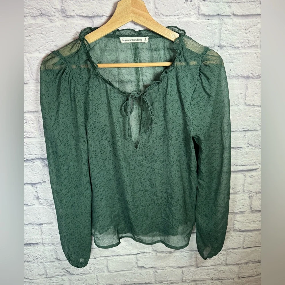 Abercrombie & Fitch puff sleeve blouse, deep green sheer women’s size small‎